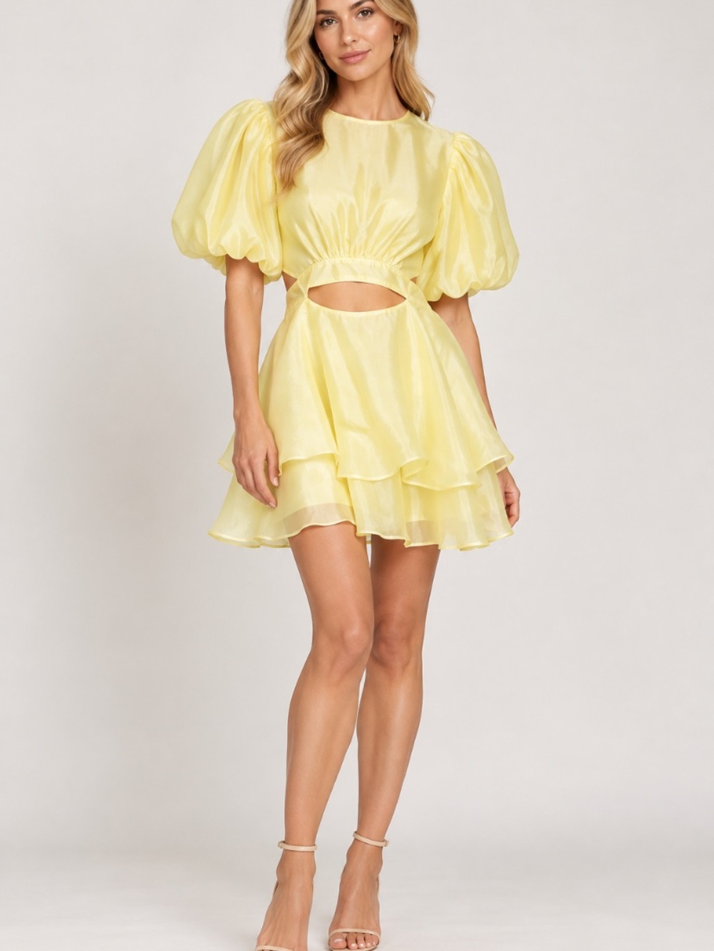 Bardot Pale Yellow Puff-Sleeve Cutout Mini Dress